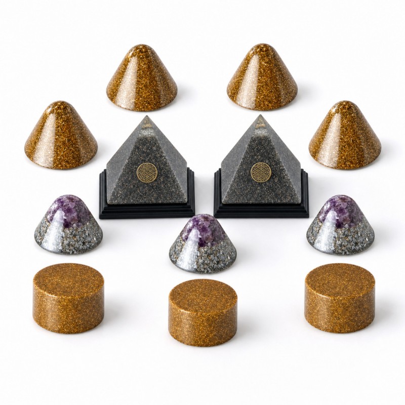 Pack Orgonita Protección Casa Delux Pack Orgonita Protección Casa Delux con pirámides de bronce y shungita, pirámides HHG Plus, mini pirámides de amatista y Tumbatorres XL